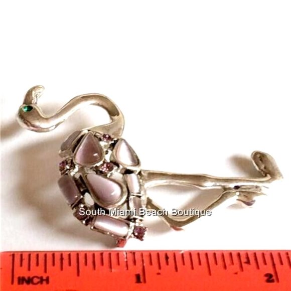Vintage Flamingo Pin Brooch Silver Plated Purple Cats Eye Crystal Bird Ostrich - Picture 6 of 7